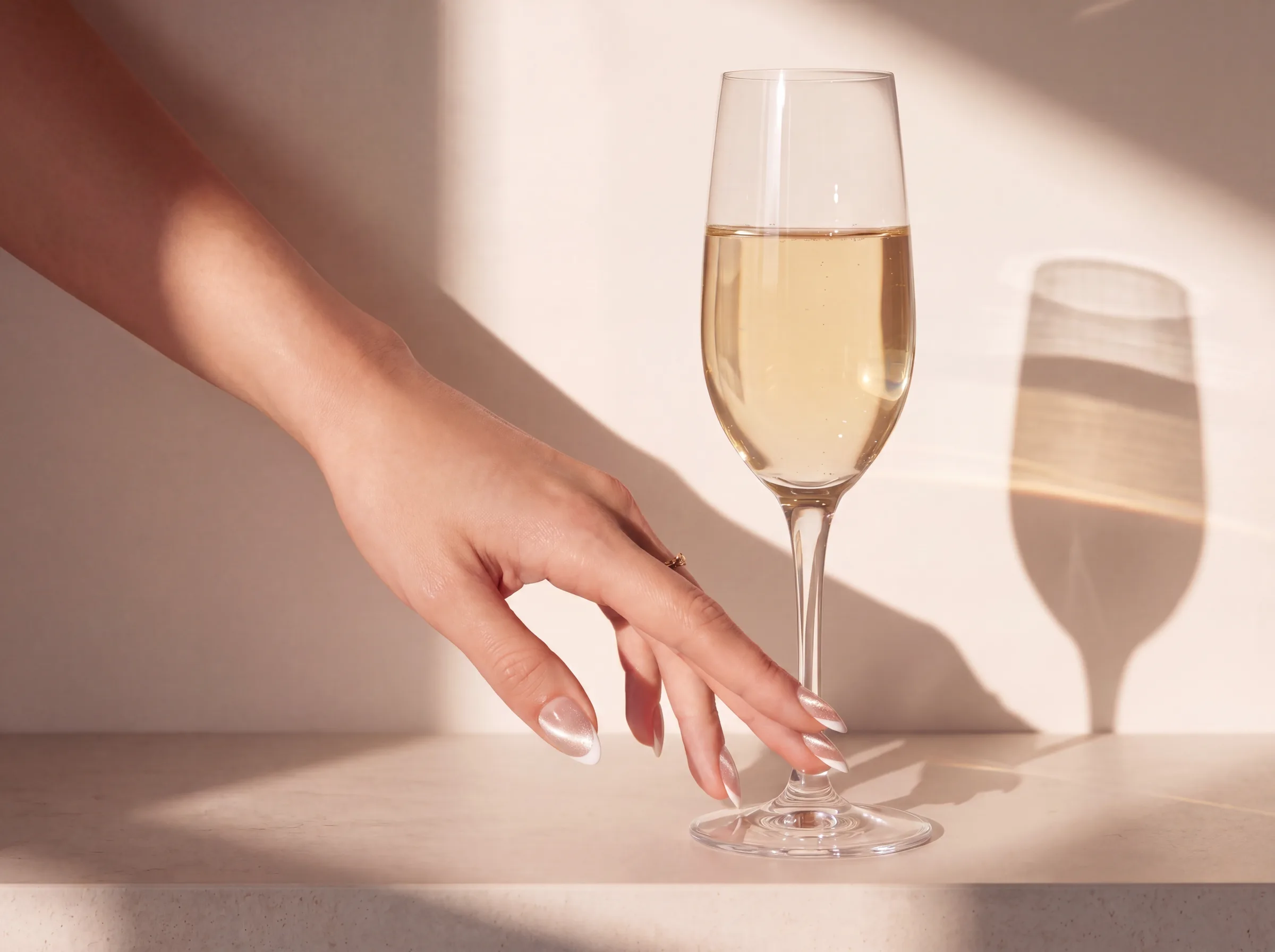 Hand and champagne glass in afternoon light